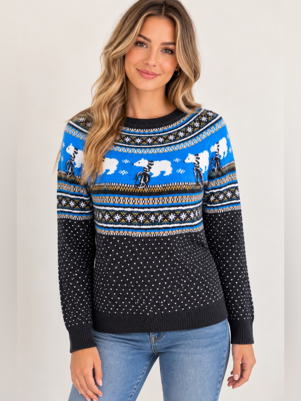 Women’s Fair Isle Polar Bear Winter Sweater Black Blue NWT Size Small 4-6